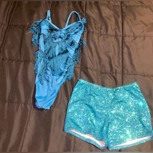 Blue Fringe Leotard & Sequin Shorts Set